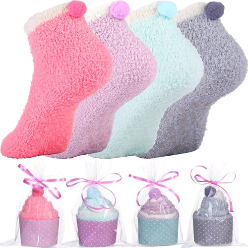 Suhine 4 Pairs Women Non Slip Fuzzy Sock Cupcake Gift Sock Winter Warm Fluffy Sock for Hospital Christmas Valentine (Light Color)