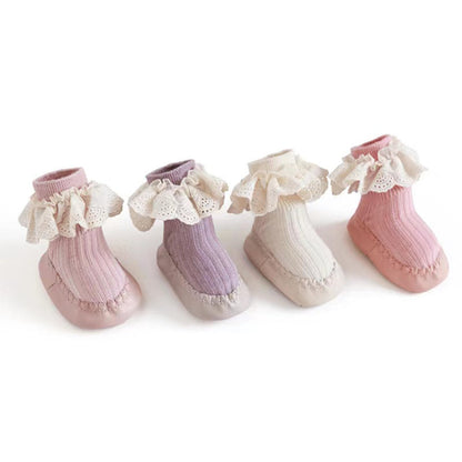 Baby Girl Ribbed Knitted Graphic Lace Design Non-Slip Mid Tube Shoes