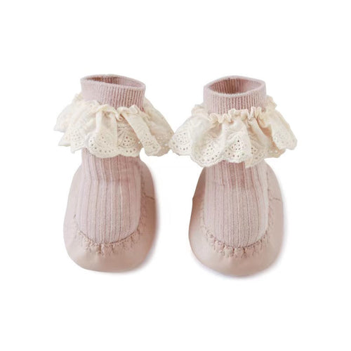 Baby Girl Ribbed Knitted Graphic Lace Design Non-Slip Mid Tube Shoes