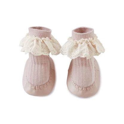 Baby Girl Ribbed Knitted Graphic Lace Design Non-Slip Mid Tube Shoes