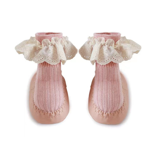 Baby Girl Ribbed Knitted Graphic Lace Design Non-Slip Mid Tube Shoes